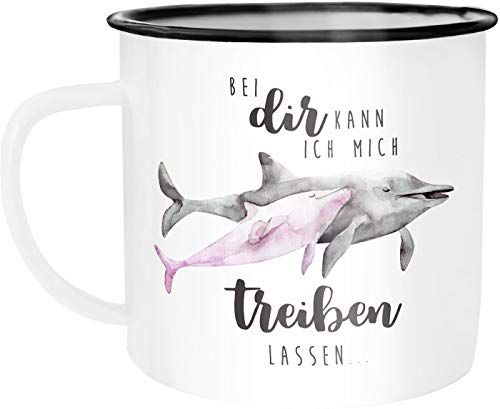 MoonWorks Emaille Tasse Becher Bei dir kann ich mich treiben lassen Delfin Delphin Liebe Spruch Liebesspruch Geschenk Weihnachten Valentinstag weiß-schwarz unisize von MoonWorks