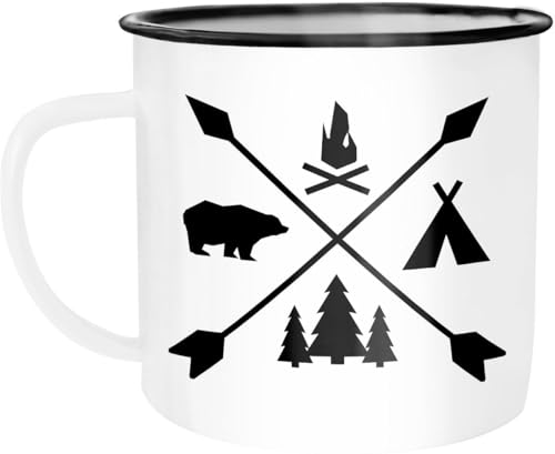 MoonWorks Emaille Tasse Becher Camingbacher Camper Zelten Abenteuer Natur Kaffeetasse weiß-schwarz unisize von MoonWorks