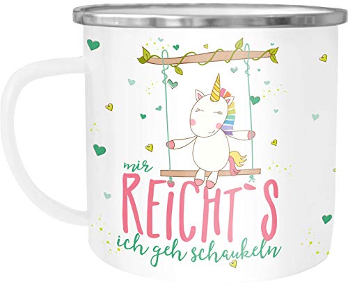 MoonWorks Emaille Tasse Becher Einhorn Mir reichts ich geh schaukeln Spruch Einhorntasse Unicorn Kaffeetasse weiß-metall unisize von MoonWorks