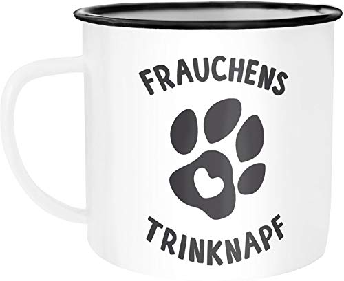 MoonWorks Emaille Tasse Becher Frauchens Trinknapf Kaffeetasse Hunde Fan weiß-schwarz Emailletasse von MoonWorks
