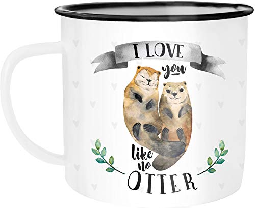 MoonWorks Emaille Tasse Becher Otter Pärchen I love you like no otter Liebe Kaffeetasse weiß-schwarz-grau unisize von MoonWorks