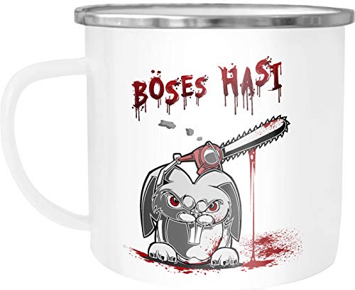 MoonWorks Emaille-Tasse Becher Spruch böses Hasi Kettensäge Motiv Horror Kaffeetasse weiß-metall Emailletasse von MoonWorks