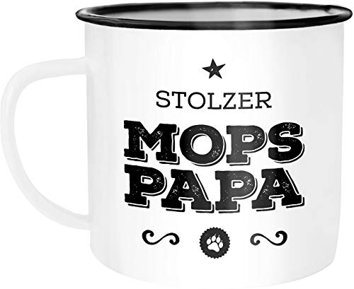 MoonWorks Emaille Tasse Becher Stolzer Mops Papa Mops Besitzer Hundebesitzer Kaffeetasse weiß-schwarz unisize von MoonWorks