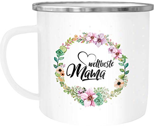 Moonworks Emaille Tasse Becher Weltbeste Mama Geschenk Mutter Muttertag Tasse Blumen Geschenk Geschenk-Tasse Kaffeetasse weiß-metall unisize von MoonWorks