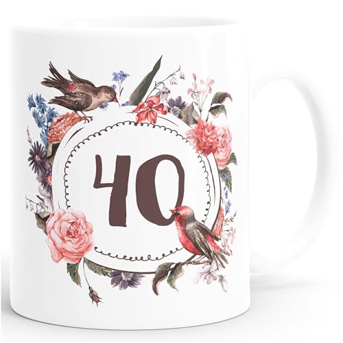 MoonWorks Geburtstags-Tasse 40 vierzig Geschenk-Tasse Kaffee-Tasse Blumen Blüten Blumenkranz weiß Unisize von MoonWorks