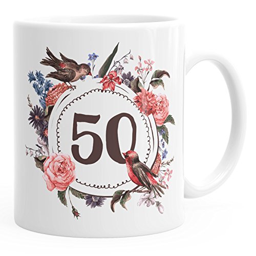 MoonWorks Geburtstags-Tasse 50 fünfzig Geschenk-Tasse Kaffee-Tasse Blumen Blüten Blumenkranz weiß unisize von MoonWorks