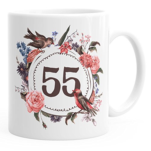 MoonWorks Geburtstags-Tasse 55 fünfunffünfzig Geschenk-Tasse Kaffee-Tasse Blumen Blüten Blumenkranz weiß unisize von MoonWorks