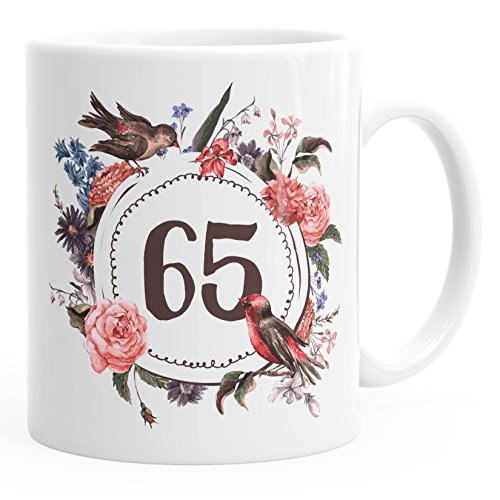 MoonWorks Geburtstags-Tasse 65 fünfundsechzig Geschenk-Tasse Kaffee-Tasse Blumen Blüten Blumenkranz weiß unisize von MoonWorks
