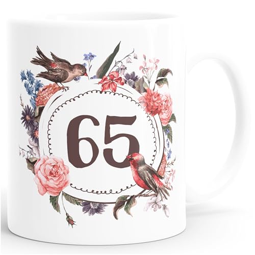 MoonWorks Geburtstags-Tasse 65 fünfundsechzig Geschenk-Tasse Kaffee-Tasse Blumen Blüten Blumenkranz weiß Unisize von MoonWorks
