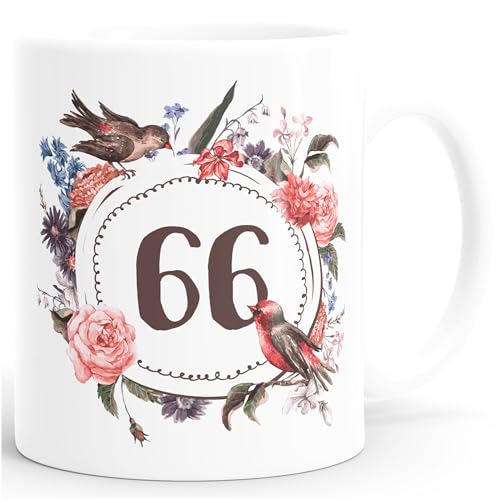 MoonWorks Geburtstags-Tasse 66 sechsundsechzig Geschenk-Tasse Kaffee-Tasse Blumen Blüten Blumenkranz weiß Unisize von MoonWorks