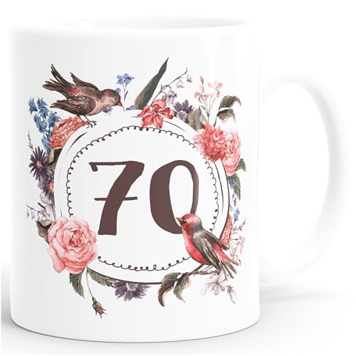 MoonWorks Geburtstags-Tasse 70 siebzig Geschenk-Tasse Kaffee-Tasse Blumen Blüten Blumenkranz weiß Unisize von MoonWorks