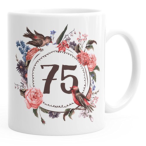 MoonWorks Geburtstags-Tasse 75 fünfundsiebzig Geschenk-Tasse Kaffee-Tasse Blumen Blüten Blumenkranz weiß unisize von MoonWorks