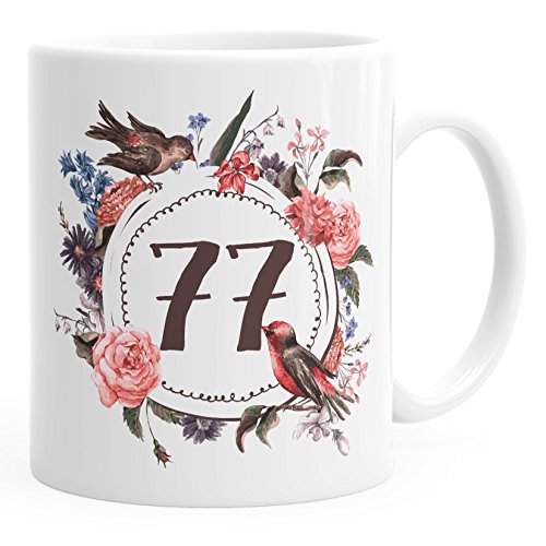 MoonWorks Geburtstags-Tasse 77 siebenundsiebzig Geschenk-Tasse Kaffee-Tasse Blumen Blüten Blumenkranz weiß unisize von MoonWorks