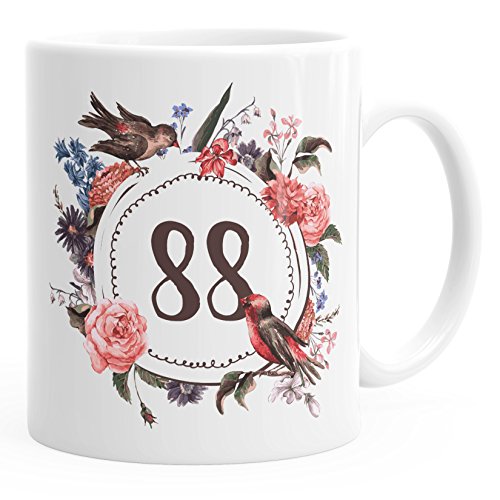 MoonWorks Geburtstags-Tasse 88 achtundachtig Geschenk-Tasse Kaffee-Tasse Blumen Blüten Blumenkranz weiß Unisize von MoonWorks