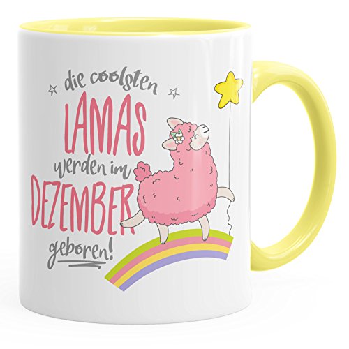 MoonWorks Geburtstags-Tasse die schönsten Lamas werden im Dezember geboren Geschenk-Tasse Wunschmonat Kaffee-Tasse hellgelb unisize von MoonWorks