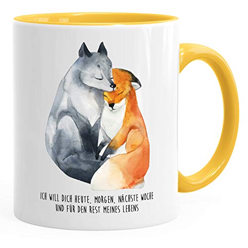 MoonWorks Geschenk-Tasse Liebe Spruch Ich will dich heute morgen nächste Woche Fuchs verliebt Freund Freundin gelb unisize von MoonWorks