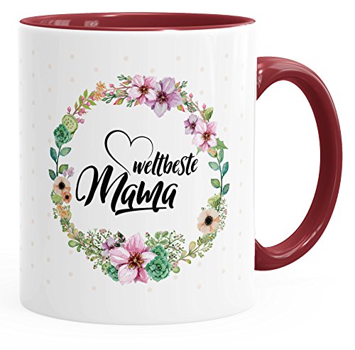 MoonWorks Geschenk-Tasse Weltbeste Mama Geschenk für Mutter Muttertag Tasse mit Blumen und Innenfarbe bordeauxrot unisize von MoonWorks