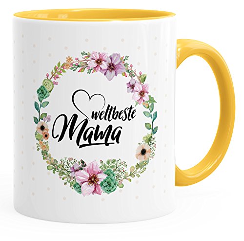 MoonWorks Geschenk-Tasse Weltbeste Mama Geschenk für Mutter Muttertag Tasse mit Blumen und Innenfarbe gelb unisize von MoonWorks