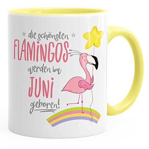 MoonWorks Geschenk-Tasse die schönsten Flamingos werden im Juni geboren Geburtstags-Tasse Geburtstmonat Wunschmonat Kaffee-Tasse hellgelb unisize von MoonWorks