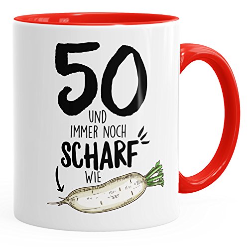 MoonWorks Kaffe-Tasse Geschenk Geburtstag 50 und immer noch scharf wie Rettich lustig Spruch rot unisize von MoonWorks