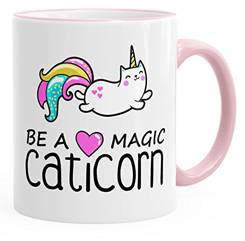 MoonWorks Kaffee-Tasse Be a magic caticorn Einhorn Unicorn Einhorn-Tasse mit Farbkante rosa unisize von MoonWorks