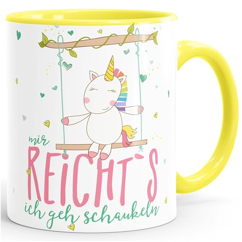 MoonWorks Kaffee-Tasse Einhorn Mir reichts ich GEH schaukeln Spruch Unicorn Tasse mit farbigem Henkel hellgelb Unisize von MoonWorks