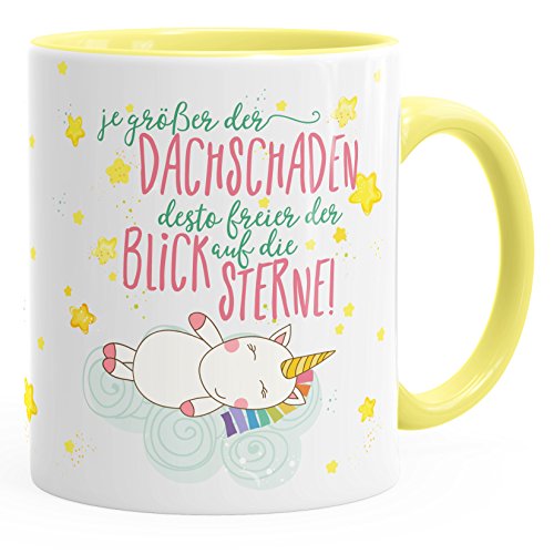 MoonWorks Kaffee-Tasse Einhorn Spruch je größer der Dachschaden desto freier der Blick auf die Sterne Unicorn Sprüche Kaffeetasse Teetasse Keramiktasse hellgelb unisize von MoonWorks