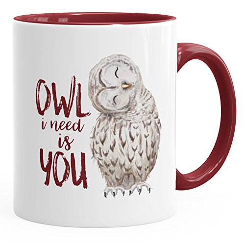 MoonWorks Kaffee-Tasse Eule Owl I need is you Liebe Spruch Geschenk Valentinstag Weihnachten Ehe Partnerschaft bordeauxrot unisize von MoonWorks