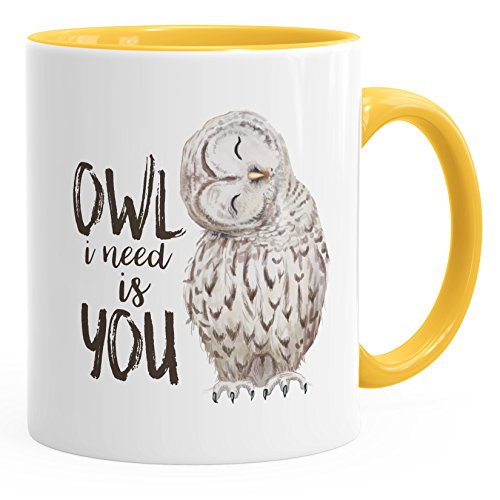 MoonWorks Kaffee-Tasse Eule Owl I need is you Liebe Spruch Geschenk Valentinstag Weihnachten Ehe Partnerschaft gelb unisize von MoonWorks