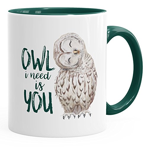 MoonWorks Kaffee-Tasse Eule Owl I need is you Liebe Spruch Geschenk Valentinstag Weihnachten Ehe Partnerschaft grün unisize von MoonWorks