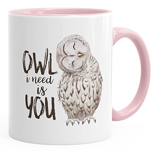 MoonWorks Kaffee-Tasse Eule Owl I need is you Liebe Spruch Geschenk Valentinstag Weihnachten Ehe Partnerschaft rosa unisize von MoonWorks