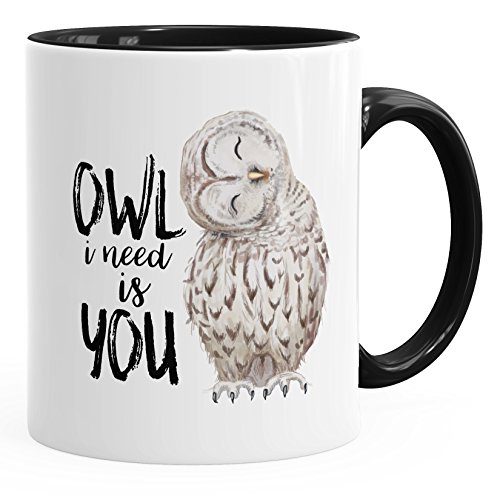 MoonWorks Kaffee-Tasse Eule Owl I need is you Liebe Spruch Geschenk Valentinstag Weihnachten Ehe Partnerschaft schwarz unisize von MoonWorks