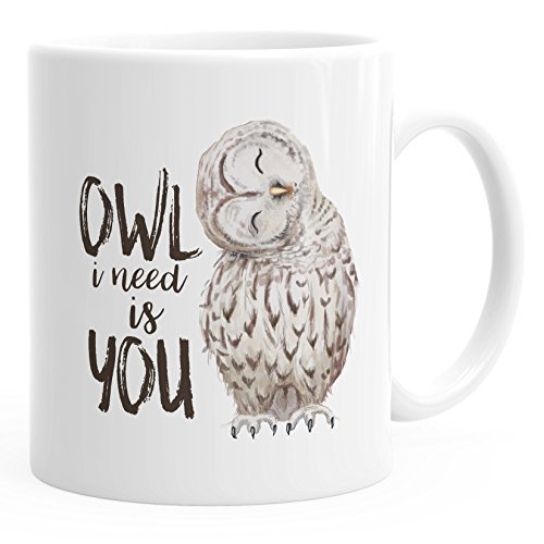 MoonWorks Kaffee-Tasse Eule Owl I need is you Liebe Spruch Geschenk Valentinstag Weihnachten Ehe Partnerschaft weiß unisize von MoonWorks