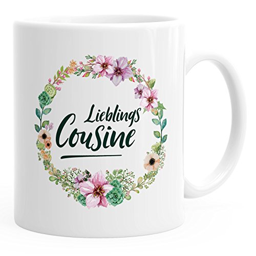 MoonWorks Kaffee-Tasse Geschenk-Tasse für Cousine Lieblingscousine Blumen Bordüre Blumenranke Blüten Familie weiß unisize von MoonWorks