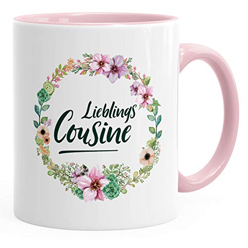 MoonWorks Kaffee-Tasse Geschenktasse Geschenk für Cousine Lieblingscousine Blumen Bordüre Blumenranke Blüten Familie rosa unisize von MoonWorks