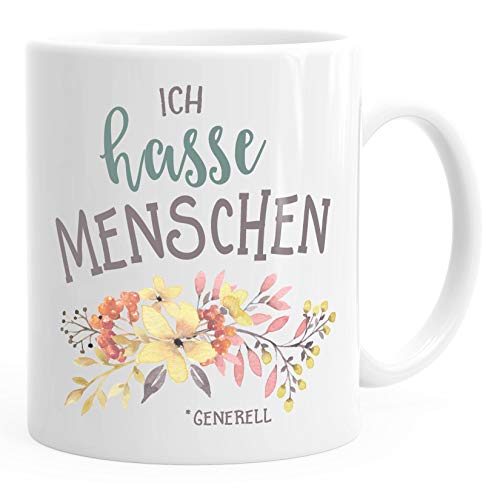 MoonWorks Kaffee-Tasse Ich hasse Menschen Spruch Blumen Blumenranke Blüten bluming weiß unisize von MoonWorks