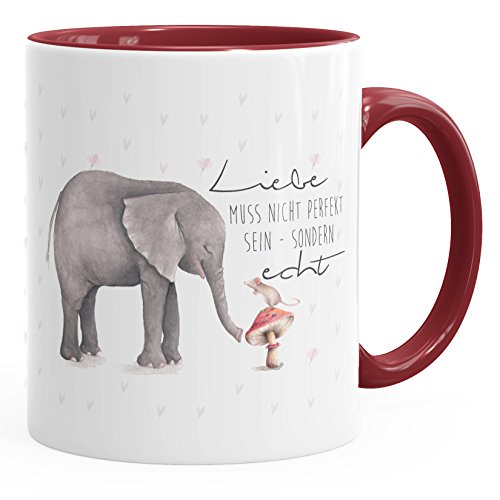MoonWorks Kaffee-Tasse Liebe muss nicht perfekt sein sondern echt Elefant Maus Geschenk-Tasse Teetasse Keramiktasse Innenfarbe bordeauxrot unisize von MoonWorks