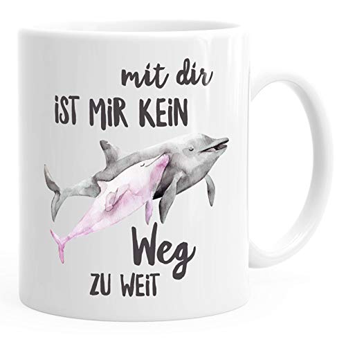 MoonWorks Kaffee-Tasse Mit dir ist mir kein Weg zu weit Delfin Delphin Liebe Spruch Geschenk Weihnachten Valentinstag weiß unisize von MoonWorks