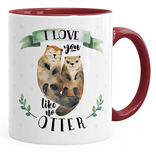 MoonWorks Kaffee-Tasse Otter Pärchen I love you like no otter Geschenk Liebe Spruch Teetasse Keramiktasse bordeaux-grün unisize von MoonWorks