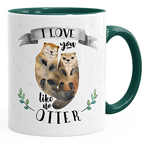 MoonWorks Kaffee-Tasse Otter Pärchen I love you like no otter Geschenk Liebe Spruch Teetasse Keramiktasse grün-grau unisize von MoonWorks