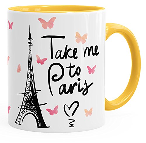 MoonWorks Kaffee-Tasse Take me to Paris Geschenk-Tasse für Frau Freundin Tasse mit Innenfarbe gelb Unisize von MoonWorks