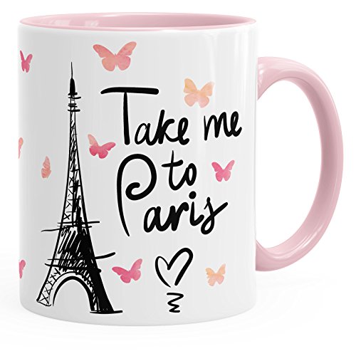 MoonWorks Kaffee-Tasse Take me to Paris Geschenk-Tasse für Frau Freundin Tasse mit Innenfarbe rosa unisize von MoonWorks