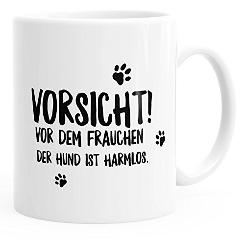 MoonWorks Kaffee-Tasse Vorsicht vor dem Frauchen der Hund ist harmlos! glänzend weiß unisize von MoonWorks