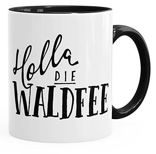 MoonWorks Kaffee-Tasse mit Spruch Holla die Waldfee mit Innenfarbe und farbigem Henkel schwarz unisize von MoonWorks