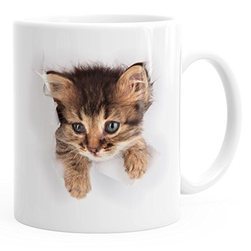 MoonWorks Kaffee-Tasse mit süßem Katzen-Aufdruck Katzen Baby schaut aus der Tasse weiß unisize von MoonWorks