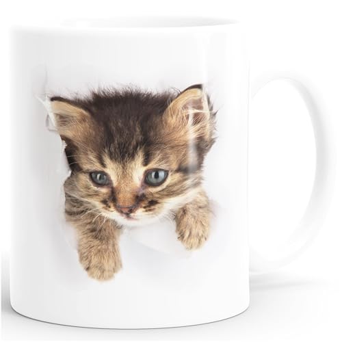 MoonWorks Kaffee-Tasse mit süßem Katzen-Aufdruck Katzen Baby schaut aus der Tasse weiß Unisize von MoonWorks