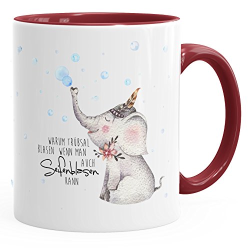 MoonWorks KaffeeTasse Elefant Warum Trübsal blasen wenn man auch seifenblasen kann Spruch Motivation positives Denken fröhlich bordeauxrot unisize von MoonWorks