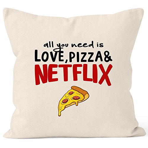 MoonWorks Kissen-Bezug All You Need is Love, Pizza and Netflix Kissen-Hülle Deko-Kissen Baumwolle Natur Unisize von MoonWorks