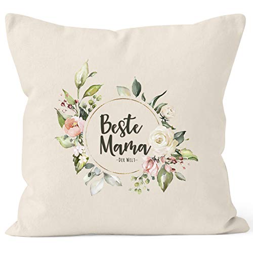 MoonWorks Kissen-Bezug Beste Mama der Welt Muttertag Watercolor Blumen Geschenk Kissen-Hülle Deko-Kissen Baumwolle Natur Unisize von MoonWorks