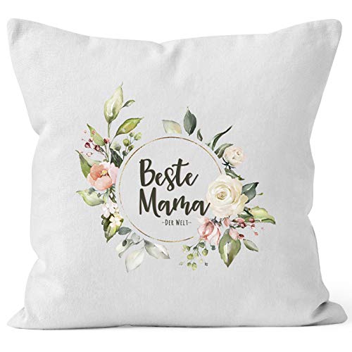 MoonWorks Kissen-Bezug Beste Mama der Welt Muttertag Watercolor Blumen Geschenk Kissen-Hülle Deko-Kissen Baumwolle weiß Unisize von MoonWorks